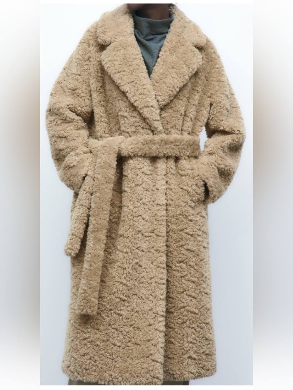 Zara Beige Teddy Belted Long Coat